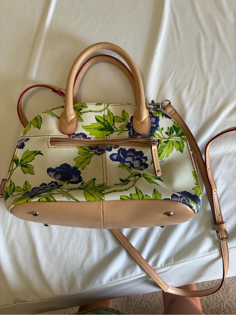 Floral Print Dome Satchel Handbag in Cream and Green
